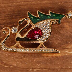 Swarovski Swan Signed Gold Tone Green Enamel Clear Red Crystals Sleigh Brooch
